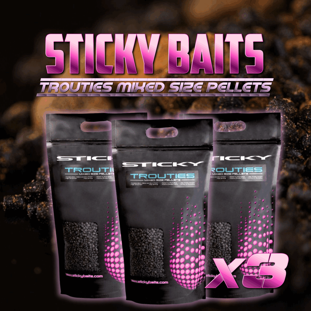 3x STICKY BAITS - TROUTIES MIXED SIZE PELLETS - 2.5KG